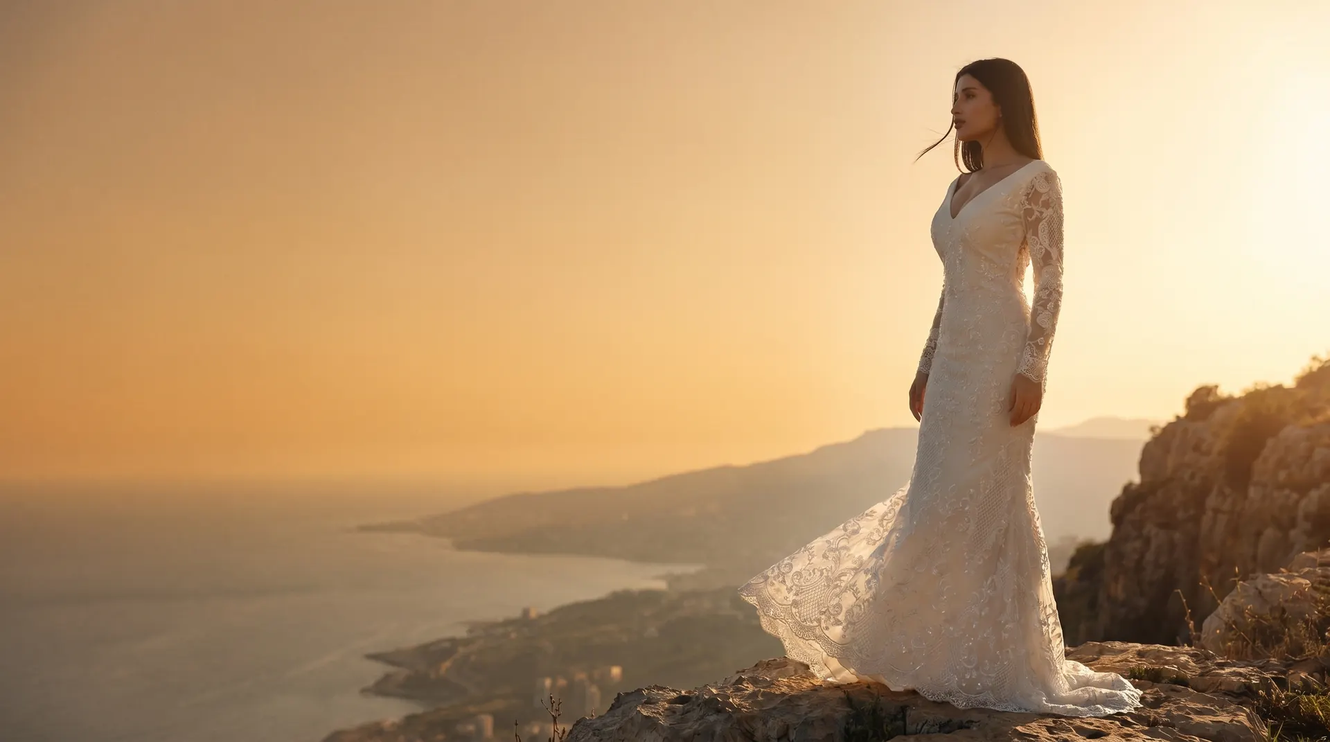 Bride in lace mermaid gown on a Mediterranean cliff at golden hour