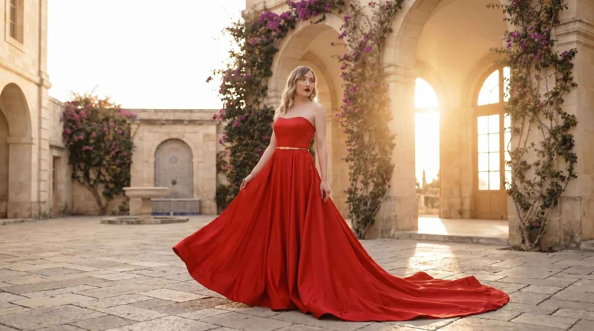 Bride in red satin A-line gown in a Tripoli stone courtyard