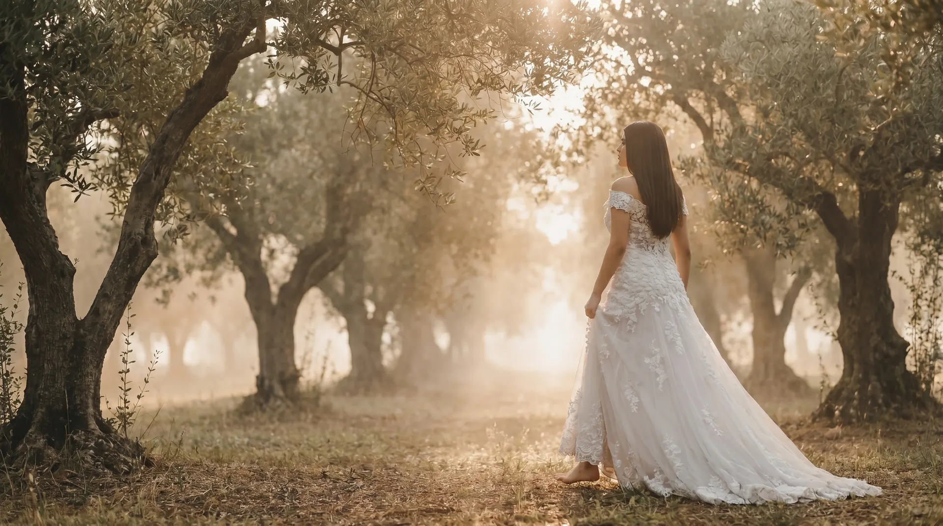 Bride in off-shoulder lace gown walking through Lebanese olive grove at dawn