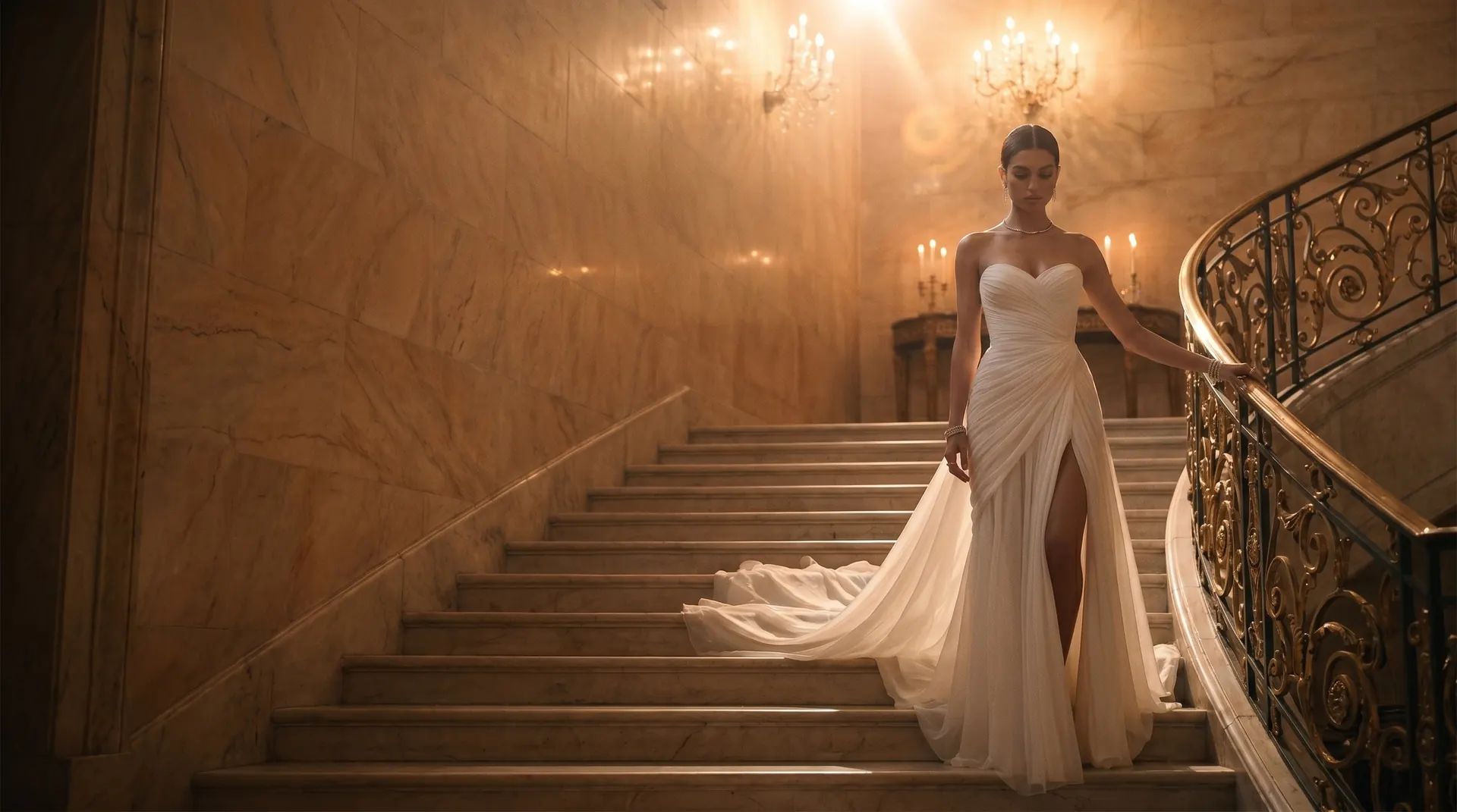 Bride in tulle ball gown on candlelit marble staircase