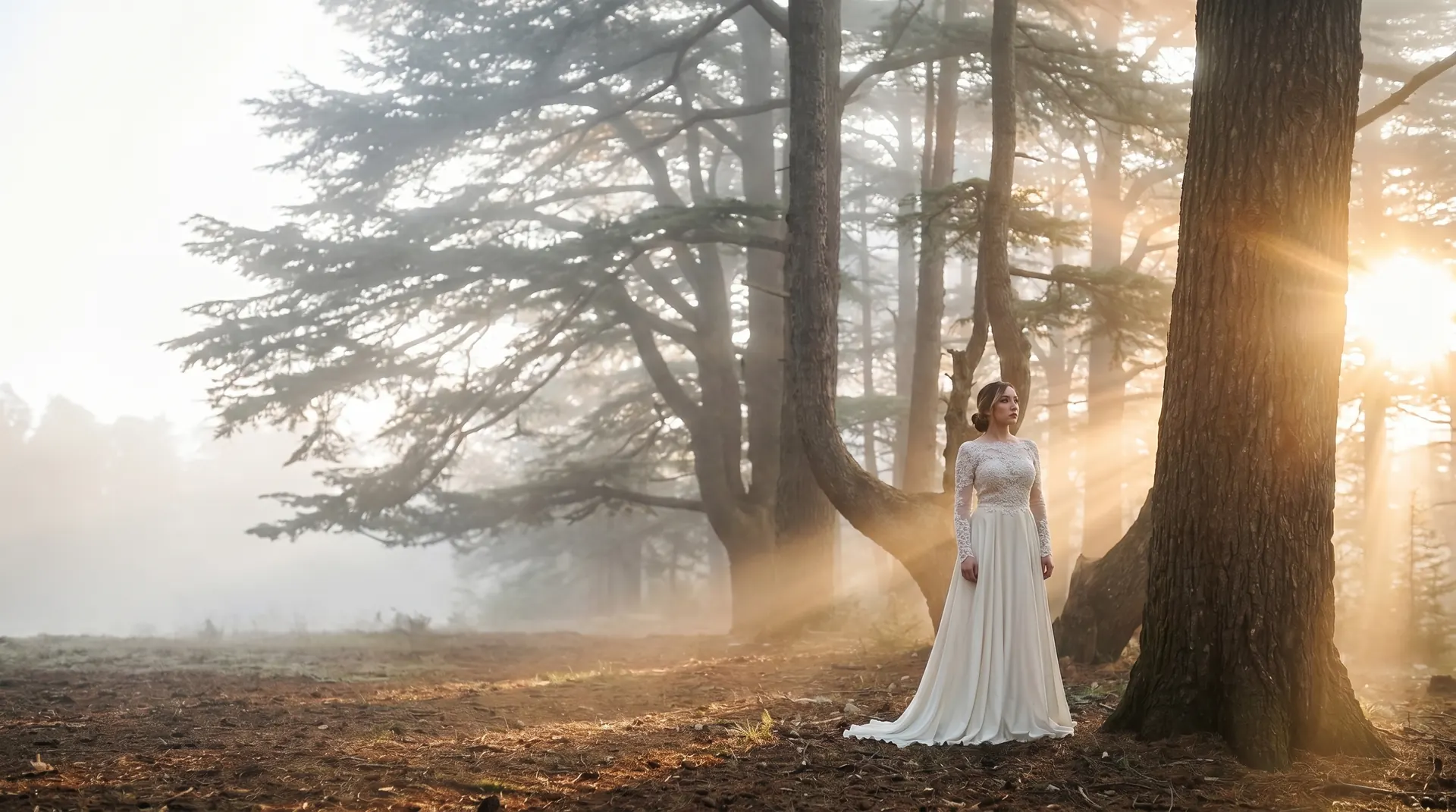 Bride in lace bodice gown in a Lebanese cedar grove at golden hour