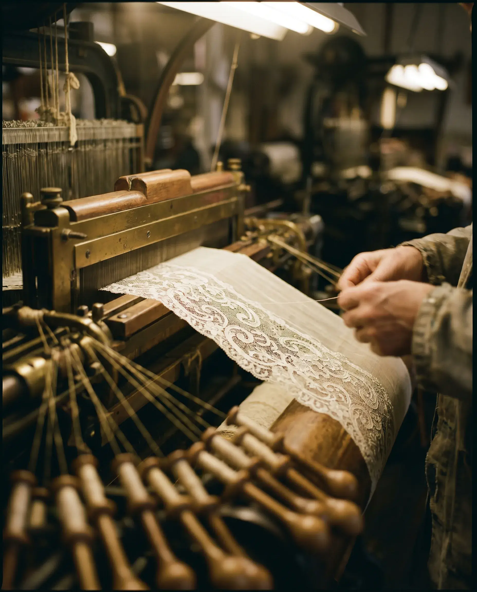 Hands working with lace at the Maison Rima atelier in Tripoli